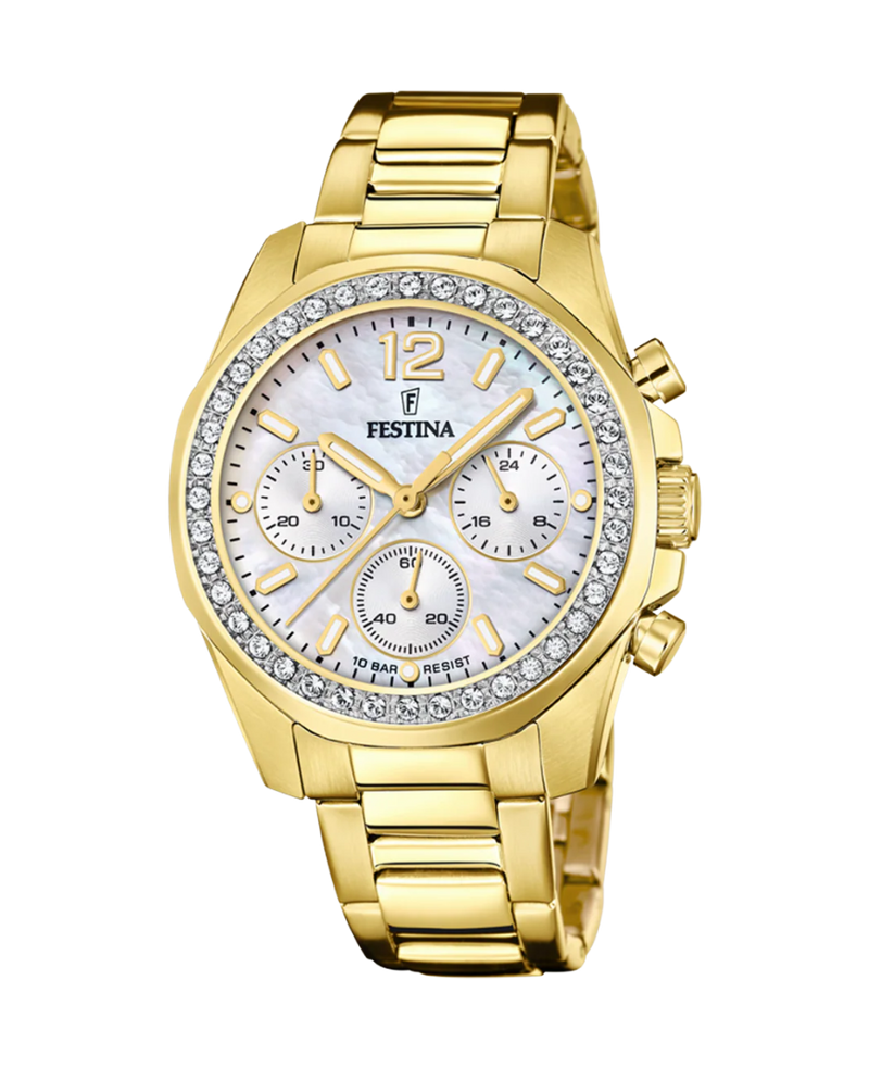 Festina Rainbow F20609/1 reloj mujer cronógrafo acero dorado esfera blanca