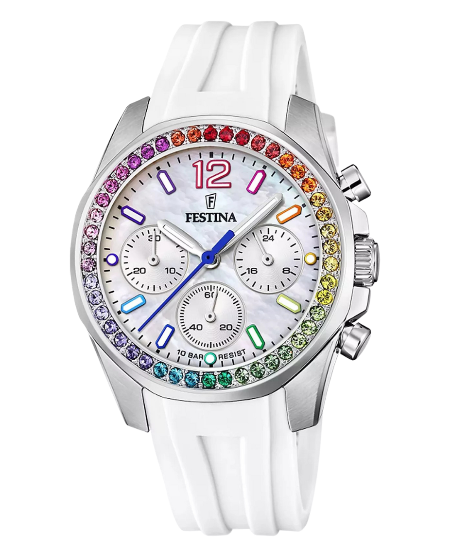 Festina Rainbow F20610/2 reloj mujer acero cronógrafo esfera blanca correa caucho