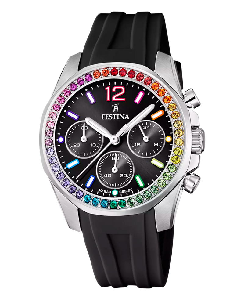 Festina Rainbow F20610/3 reloj mujer acero cronógrafo esfera negra correa caucho