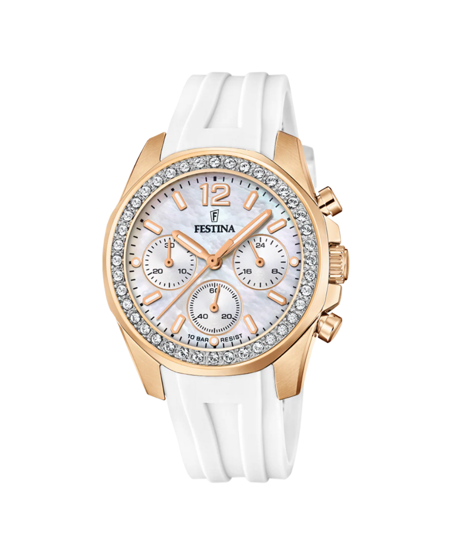Festina Rainbow F20611/1 reloj mujer acero cronógrafo esfera blanca correa caucho