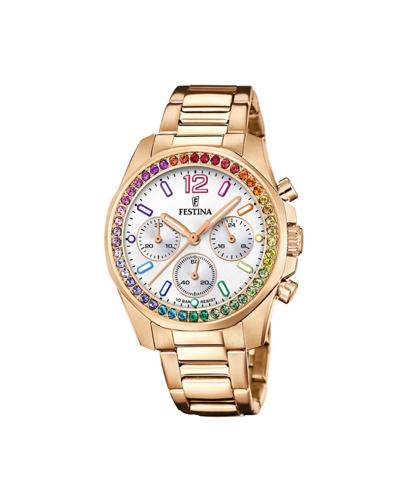Festina Rainbow F20639/2 reloj mujer acero inoxidable esfera plateada pulsera rosa cronógrafo