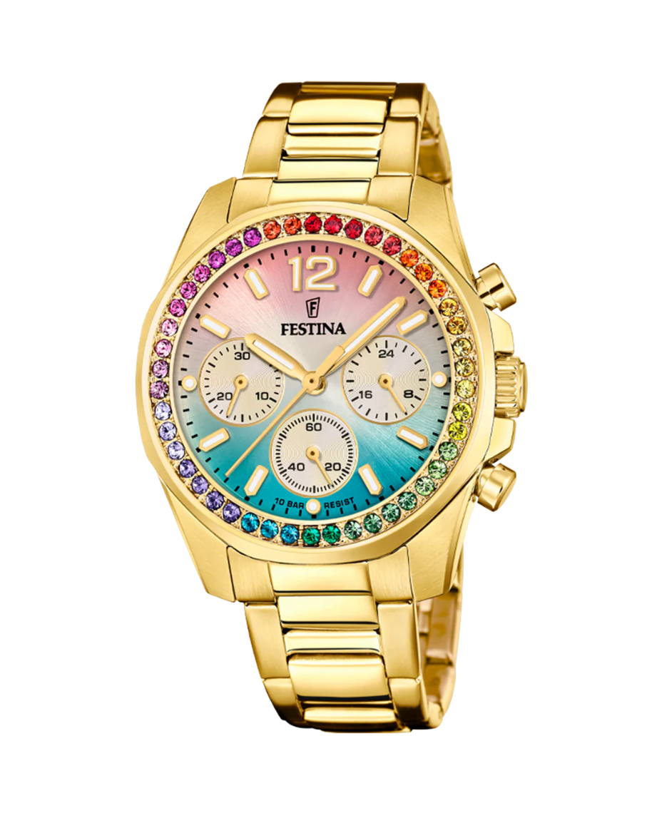 Festina Rainbow F20609/5 reloj mujer acero cronógrafo esfera multicolor pulsera dorada