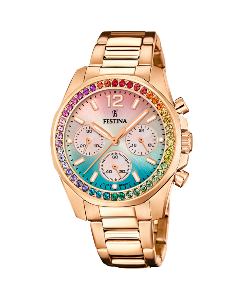 Festina Rainbow F20639/8 reloj mujer acero cronógrafo esfera multicolor pulsera rosa