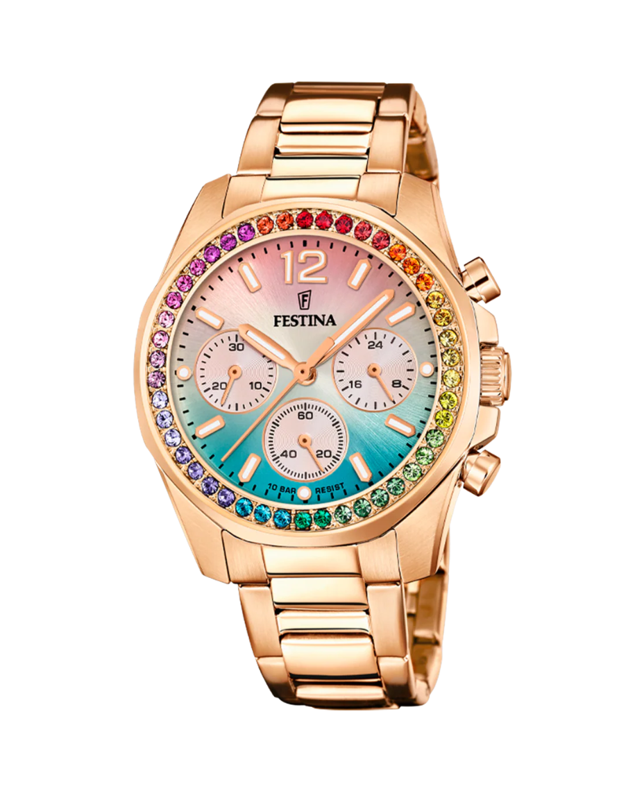 Festina Rainbow F20639/8 reloj mujer acero cronógrafo esfera multicolor pulsera rosa