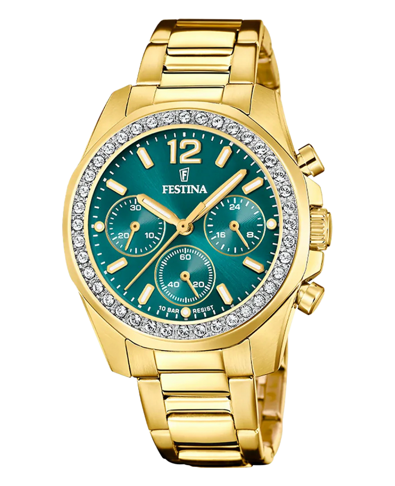 Festina Rainbow F20609/6 reloj mujer acero inoxidable dorado esfera verde cronógrafo