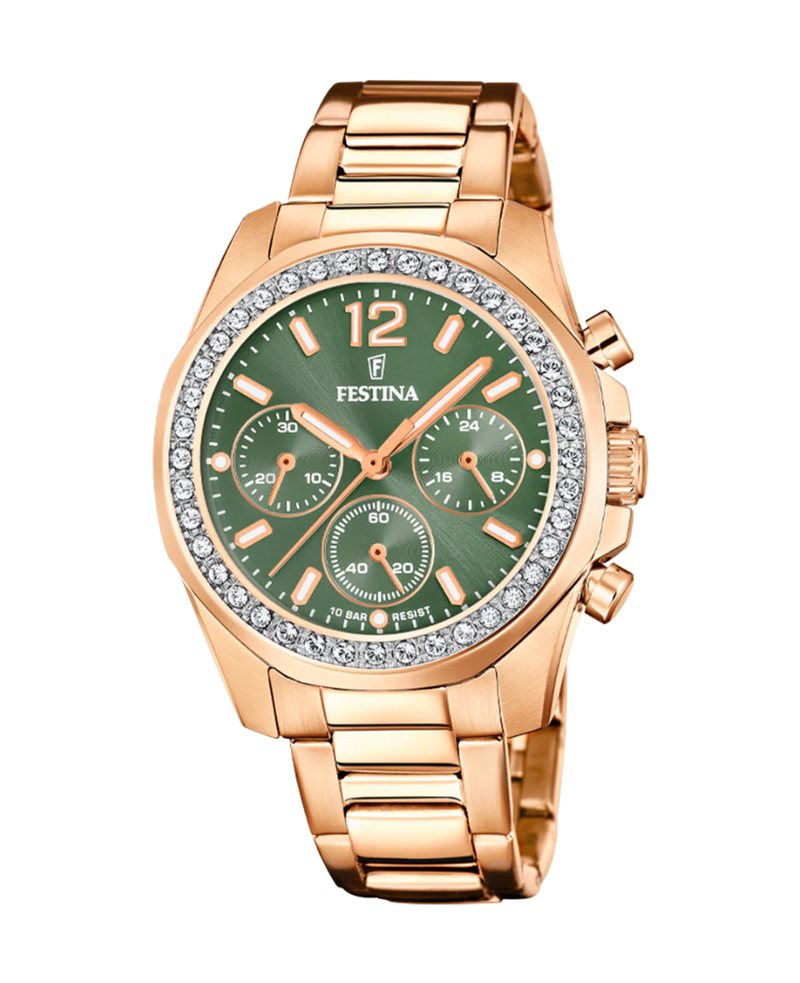 Festina Rainbow F20639/A reloj mujer acero cronógrafo esfera verde pulsera rosa