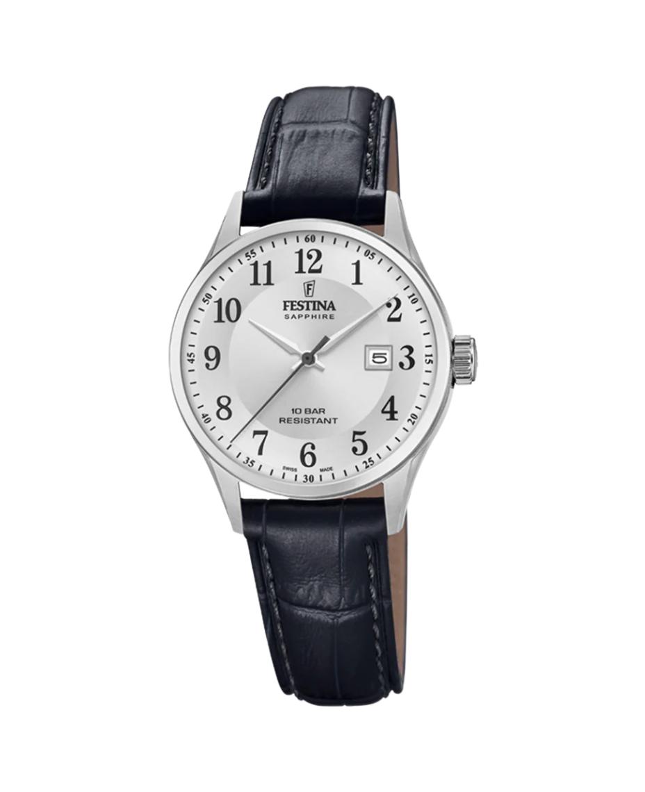 Festina Swiss Made F20009/5 reloj mujer acero plateado correa piel negra