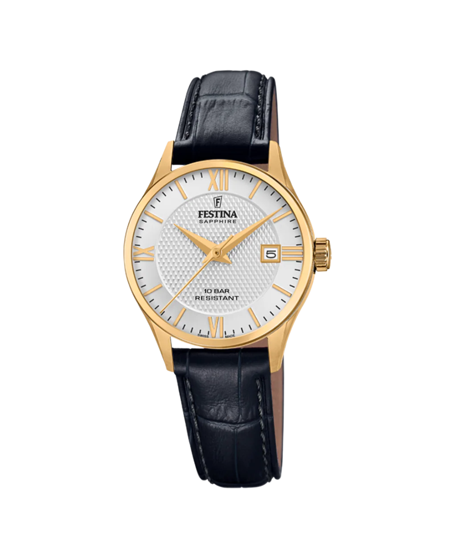 Festina Swiss Made F20011/1 reloj mujer acero plateado correa piel negra
