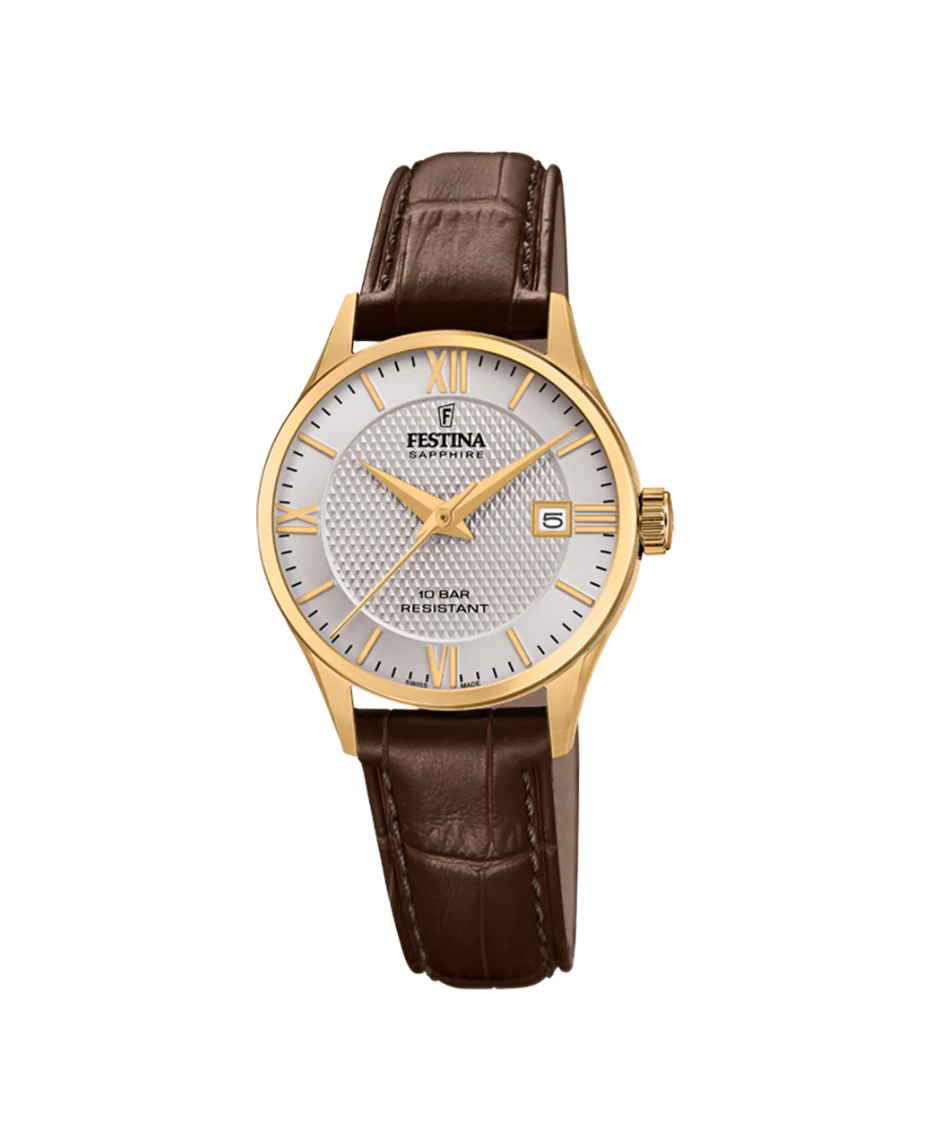Festina Swiss Made F20011/2 reloj mujer acero gris correa piel marrón