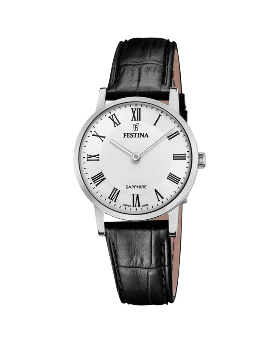 Festina Swiss Made F20013/2 reloj mujer acero inoxidable esfera blanca correa piel negra