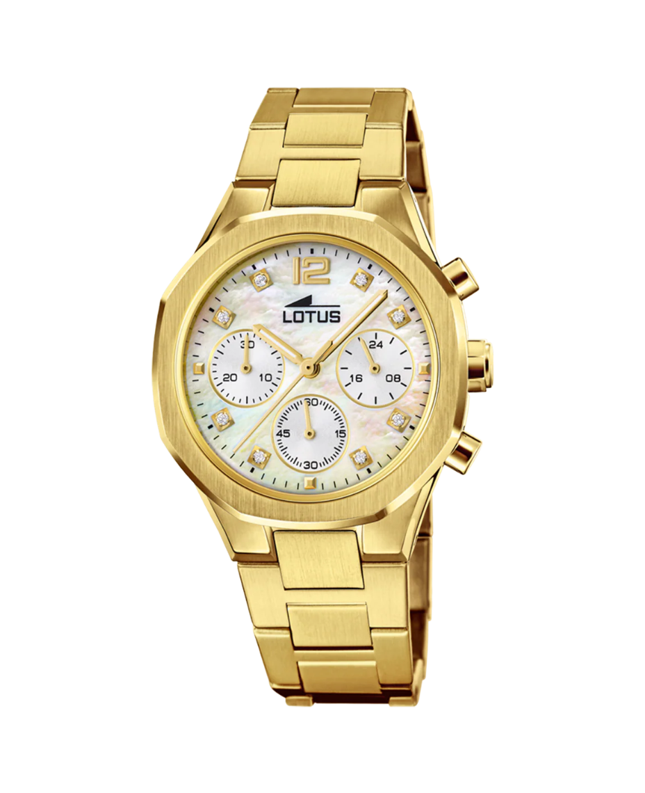 Lotus Excellent 18871/1 reloj mujer cronógrafo acero dorado esfera blanca