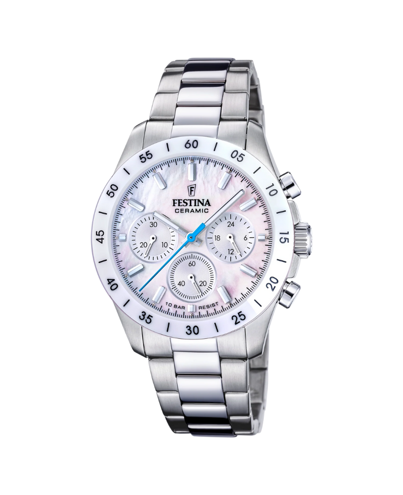 Festina F20693/1 reloj unisex cronógrafo acero inoxidable plata lavenda esfera beige