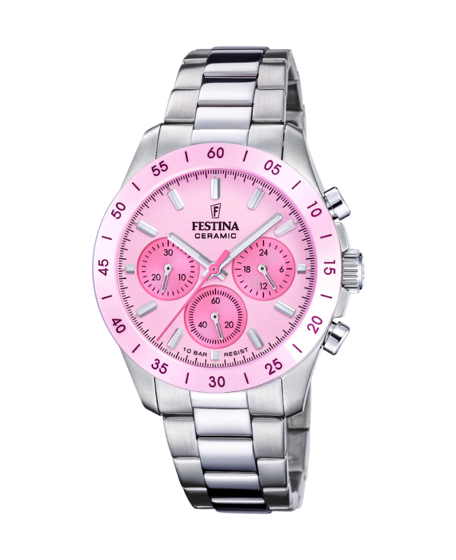 Festina cronógrafo F20693/2 reloj unisex acero inoxidable esfera rosa