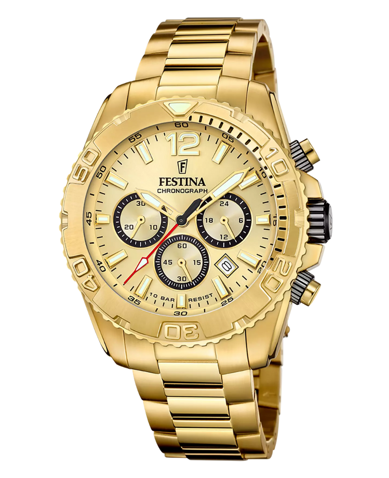 Festina F20684/1 reloj hombre cronógrafo acero dorado esfera beige