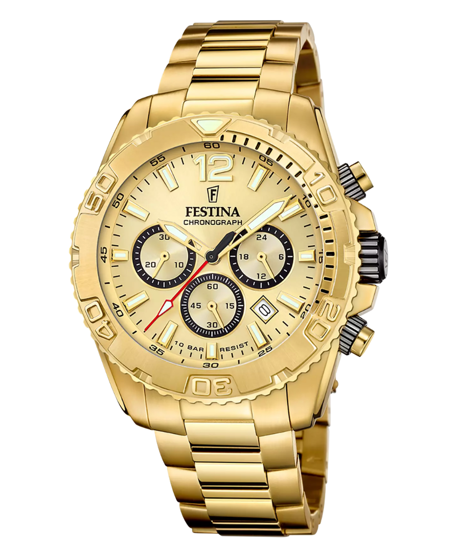 Festina F20684/1 reloj hombre cronógrafo acero dorado esfera beige