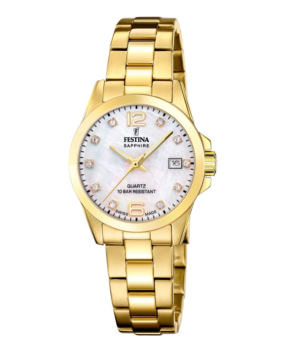 Festina Swiss Made F20050/1 reloj mujer acero dorado beige cristal zafiro