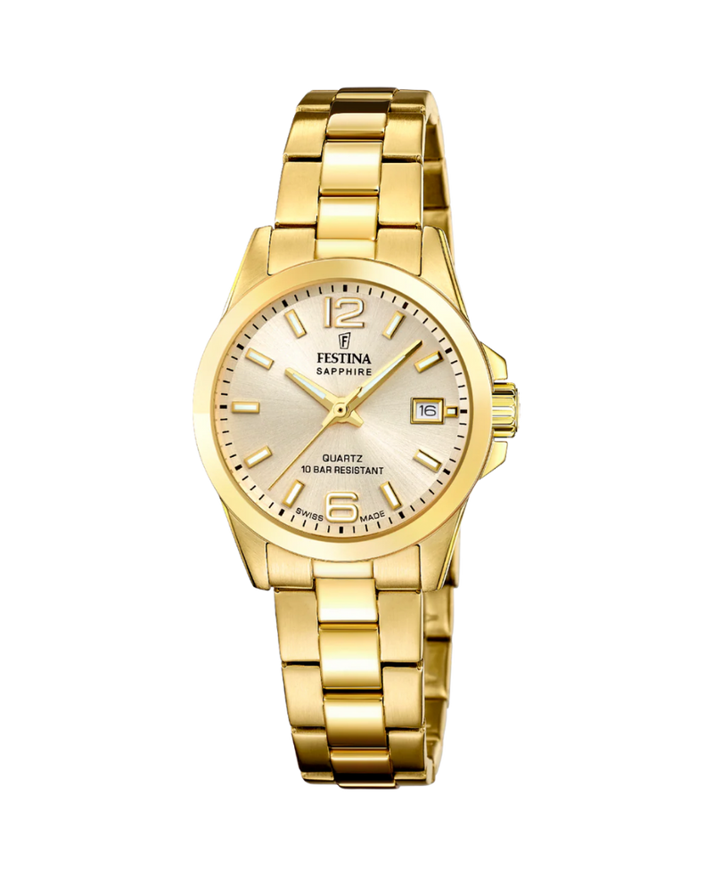 Festina Swiss Made F20050/2 reloj mujer acero inoxidable esfera beige pulsera dorada