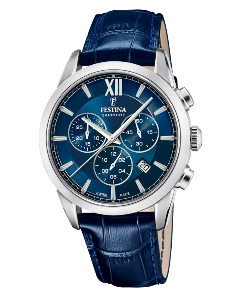 Festina Swiss Made cronógrafo F20041/2 reloj hombre acero esfera azul correa piel