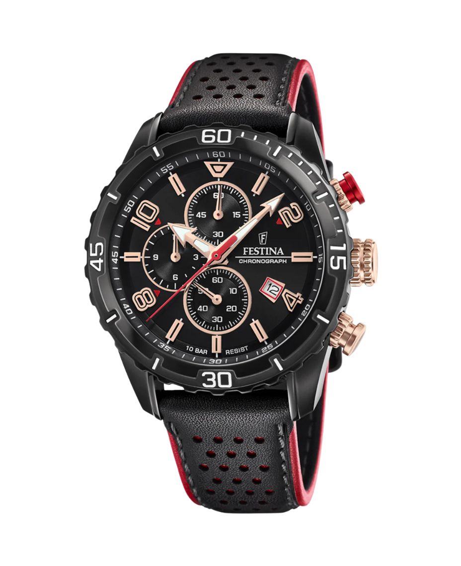 Festina cronógrafo F20519/4 reloj hombre acero negro 45mm correa piel
