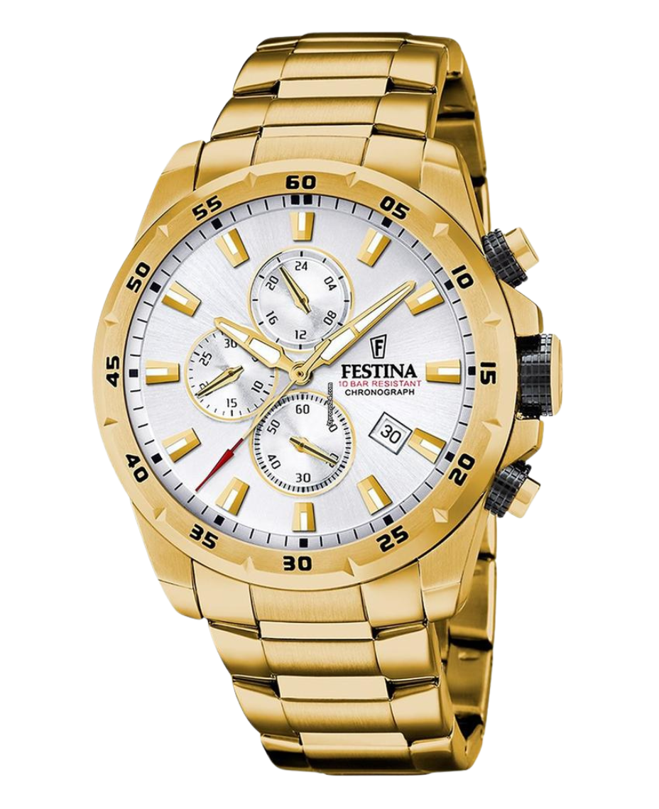 Festina F20541/1 reloj hombre cronógrafo acero inoxidable esfera plateada pulsera dorada