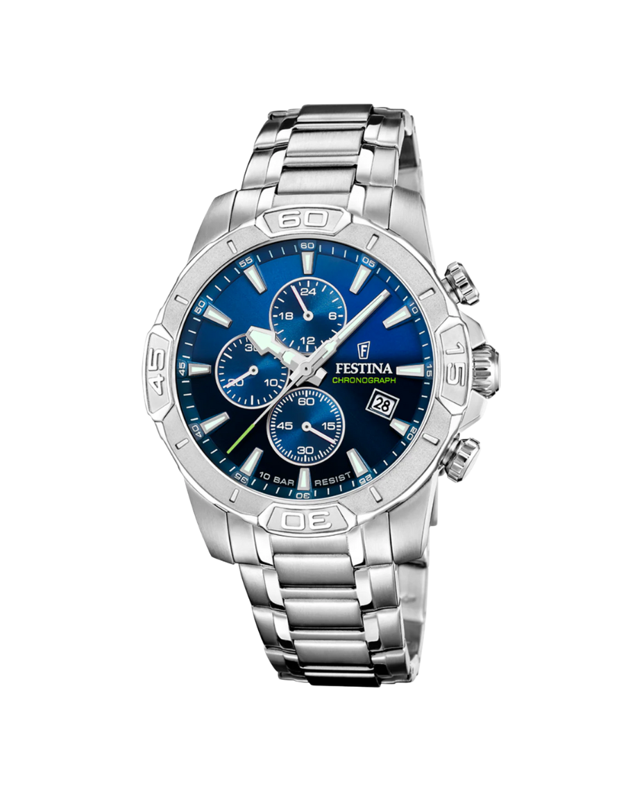 Festina F20704/4 reloj hombre acero cronógrafo esfera azul pulsera armys plateada