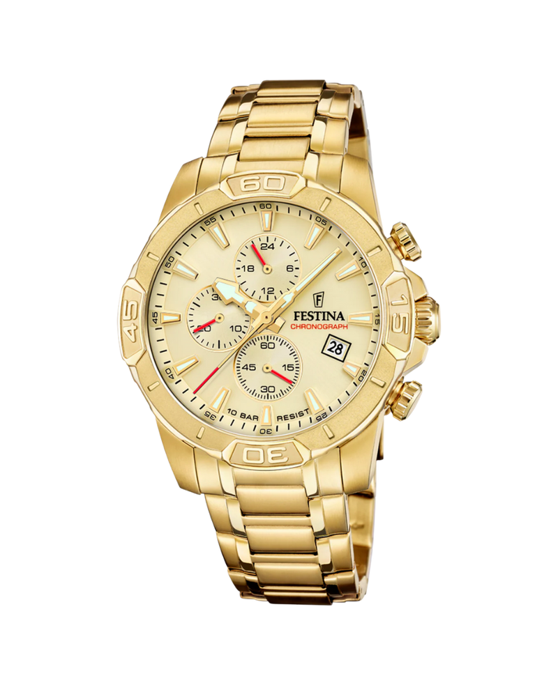 Festina F20705/2 reloj hombre cronógrafo acero inoxidable esfera beige pulsera dorada