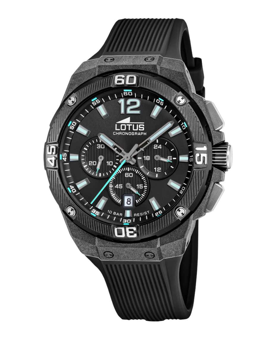 Lotus Chrono 18975/3 reloj hombre cronógrafo fibra de carbono negro correa caucho