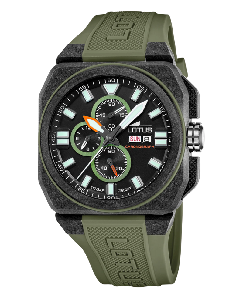 Lotus Chrono 18976/1 reloj hombre fibra de carbono plata correa verde cronógrafo deportivo