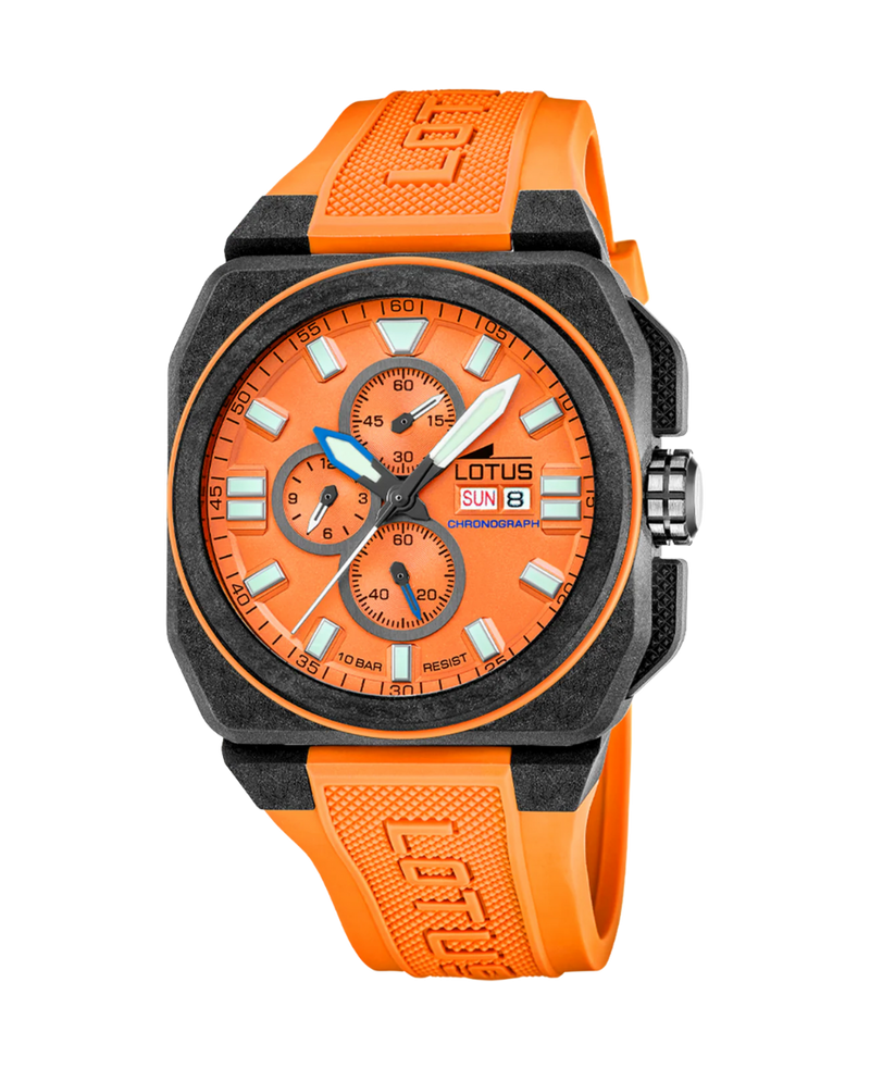 Lotus Chrono 18976/6 reloj hombre cronógrafo fibra carbono plata lavanda esfera naranja