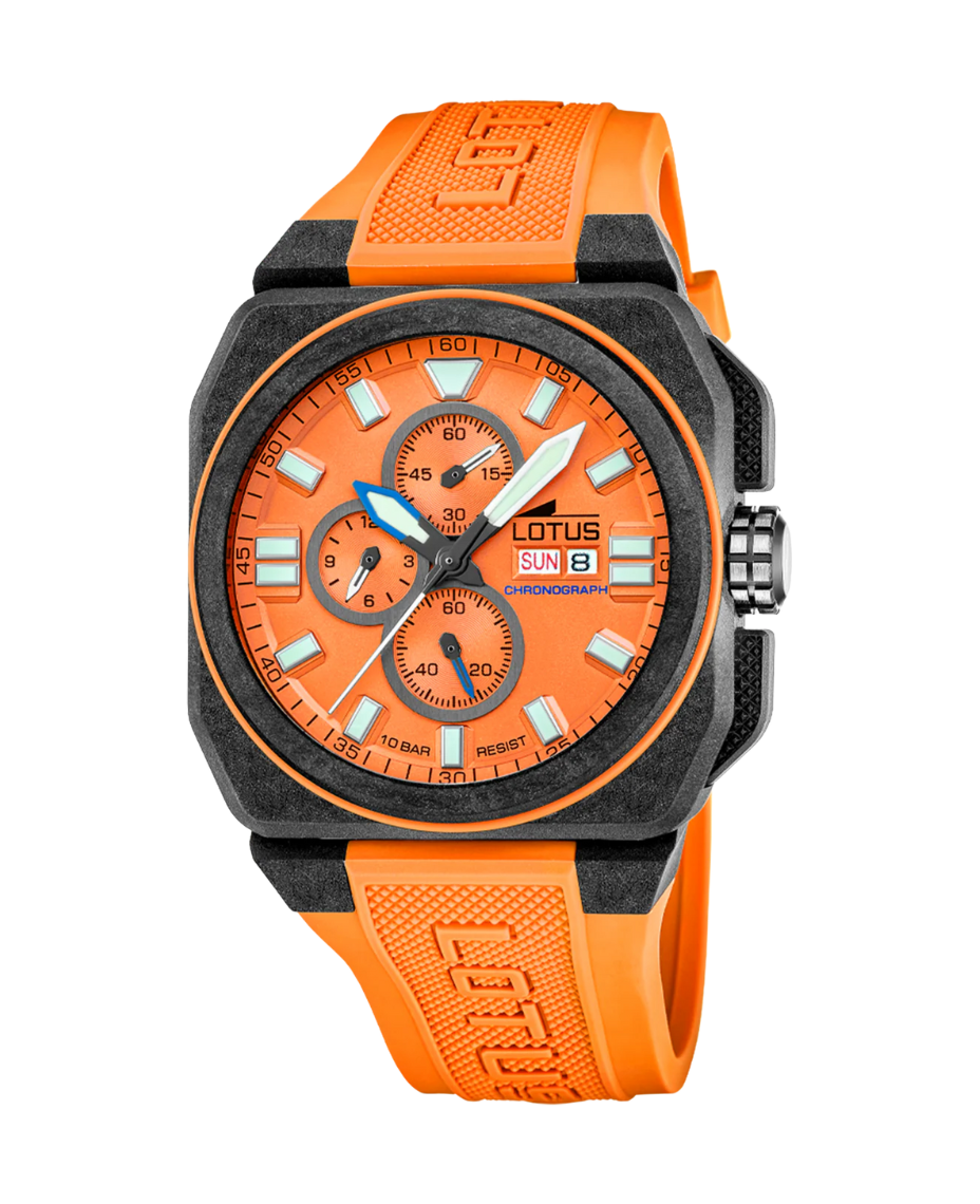 Lotus Chrono 18976/6 reloj hombre cronógrafo fibra carbono plata lavanda esfera naranja