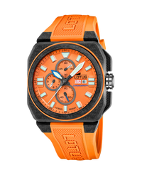 Lotus Chrono 18976/6 reloj hombre cronógrafo fibra carbono plata lavanda esfera naranja