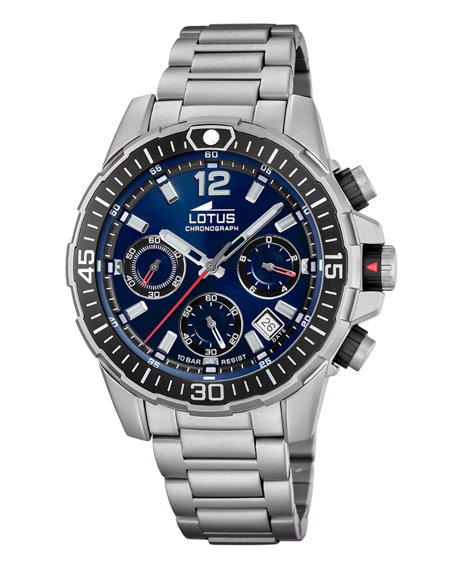 Lotus Chrono 18977/2 reloj hombre acero cronógrafo esfera azul pulsera plateada