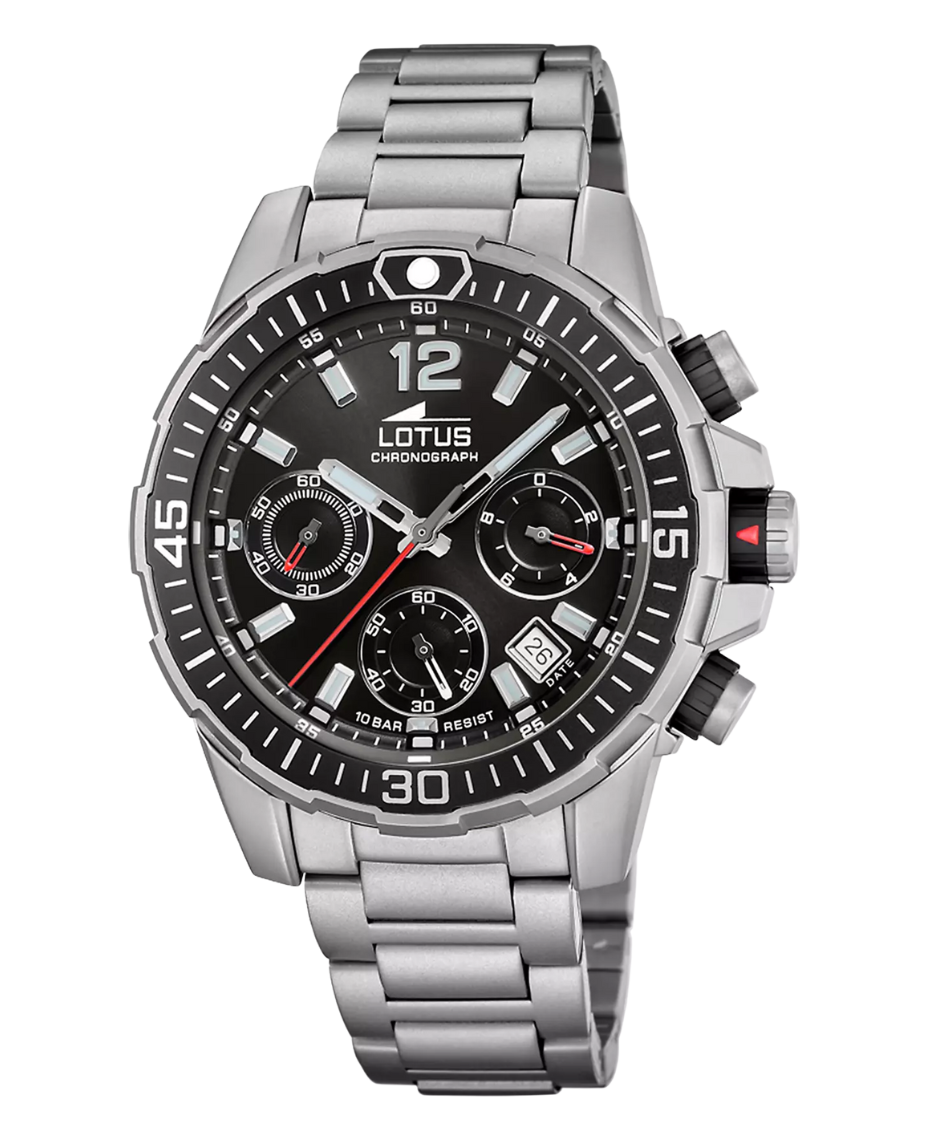 Lotus Chrono 18977/4 reloj hombre cronógrafo acero inoxidable esfera negra pulsera plateada