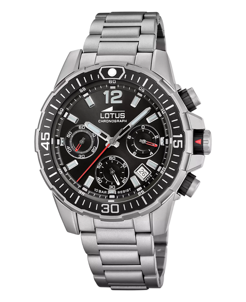 Lotus Chrono 18977/4 reloj hombre cronógrafo acero inoxidable esfera negra pulsera plateada