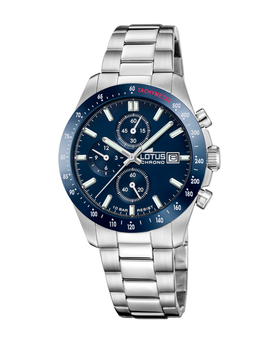 Lotus Chrono 18994/6 reloj hombre acero cronógrafo esfera azul pulsera plateada