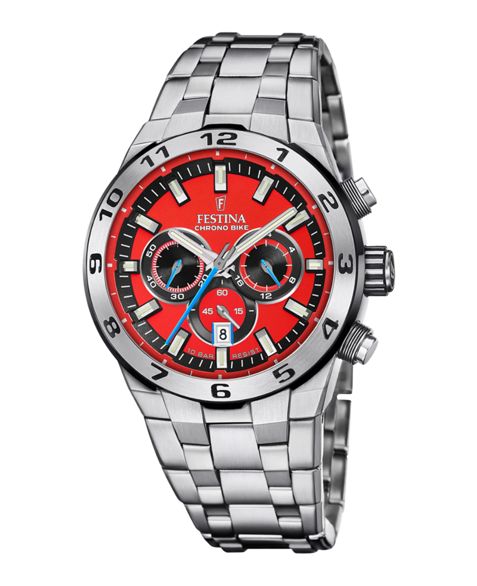 Festina Chrono Bike F20670/5 reloj hombre acero cronógrafo esfera roja pulsera plateada