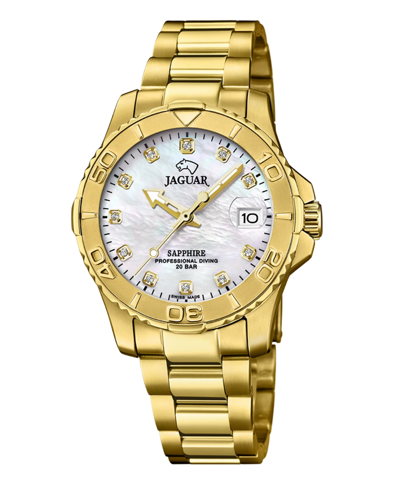 Jaguar Sport J898/1 reloj mujer acero inoxidable esfera blanca pulsera dorada
