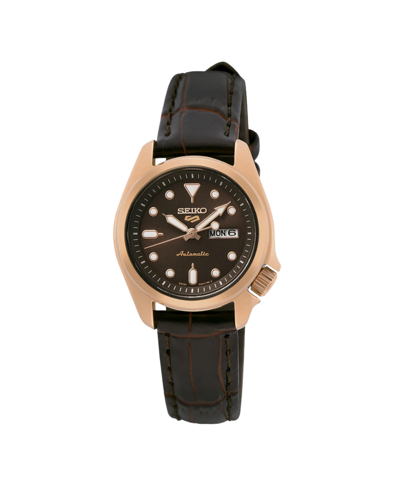 Seiko 5 Sports Mini Automático SRE006K1 reloj mujer acero dorado correa marrón