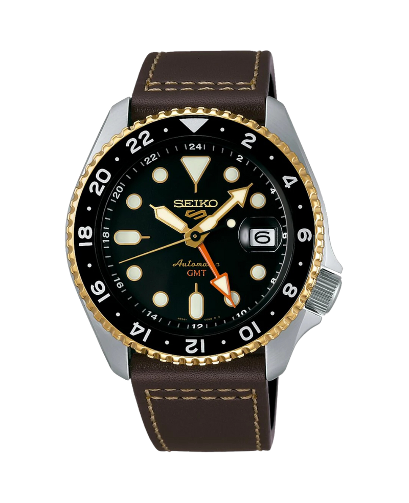 Seiko 5 Sports SSK036K1 reloj hombre acero esfera negra correa cuero marrón