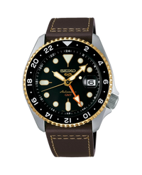 Seiko 5 Sports SSK036K1 reloj hombre acero esfera negra correa cuero marrón