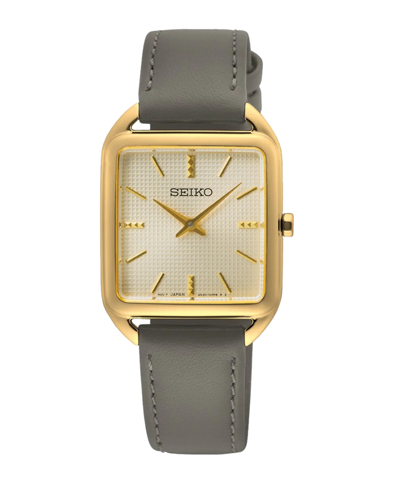 Seiko Ladies Cuarzo SWR090P1 reloj mujer acero dorado caja cuadrada correa piel gris