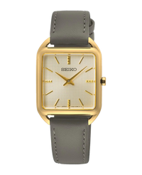 Seiko Ladies Cuarzo SWR090P1 reloj mujer acero dorado caja cuadrada correa piel gris