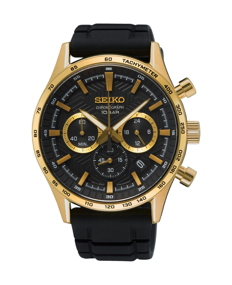 Seiko Neo Sports Cronógrafo SSB446P1 reloj hombre acero dorado correa silicona negra