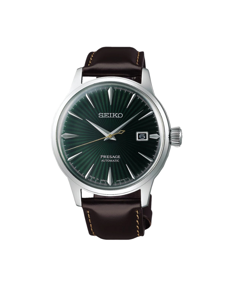 Seiko Presage Cocktail Automático SRPD37J1 reloj hombre acero esfera verde correa cuero marrón
