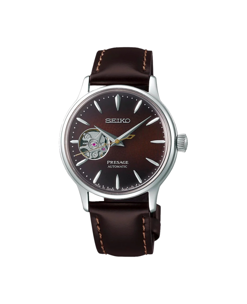 Seiko Presage Cocktail Automático SSA783J1 reloj mujer acero plateado esfera marrón correa cuero