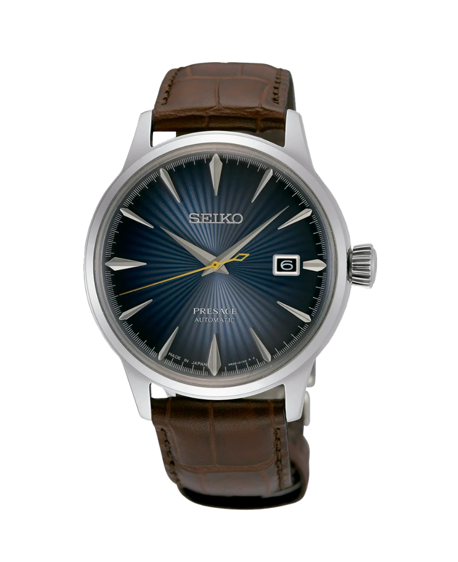 Seiko Presage Cocktail SRPK15J1 reloj hombre acero esfera azul correa cuero marrón
