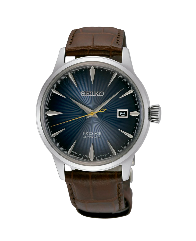 Seiko Presage Cocktail SRPK15J1 reloj hombre acero esfera azul correa cuero marrón